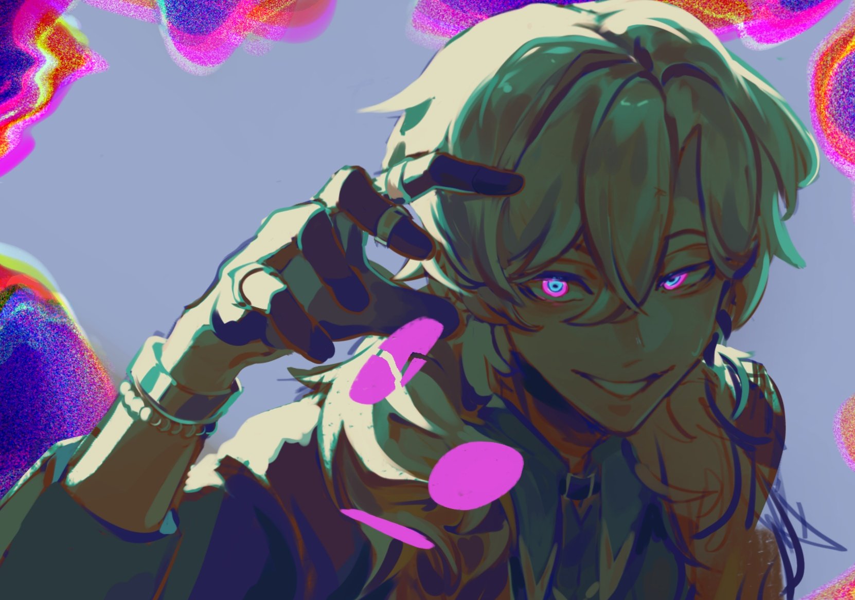 the image is a vibrant and stylized digital painting or fanart of an animestyle male character. the character has long, light green hair, bright purpleblue eyes, and a confident, almost mischievous expression. he's wearing stylish, dark clothing with hints of lighter colors underneath. his hand is raised to his face in a gesture that could be interpreted as playful or thoughtful. the background is an abstract mix of neon colors with a glitch effect, adding to the dynamic and energetic feel.  the overall style suggests it may be fanart of a vtuber or similar character from a virtual world. the bright colors, bold lines, and expressive style make the portrait visually striking.