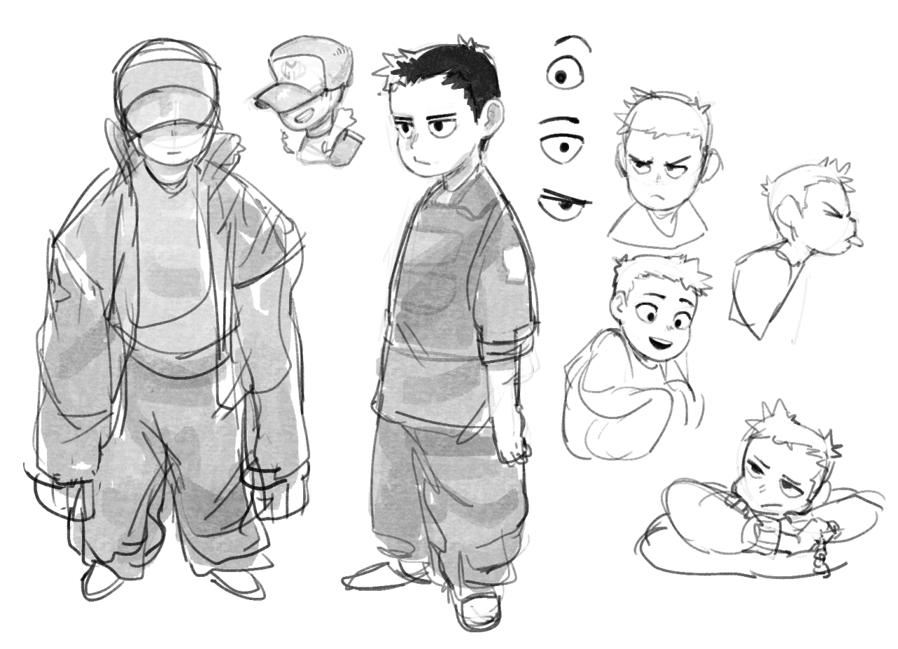 a sketch of a group of cartoon boys drawn in black and white. they are all dressed in casual clothes and look like teenagers. the one on the far left is wearing a jacket, the one next to him is wearing a tshirt, and the others are wearing various different outfits. there are also some smaller sketches of eyes and expressions. the boys all have different expressions and it looks as if they are having fun.