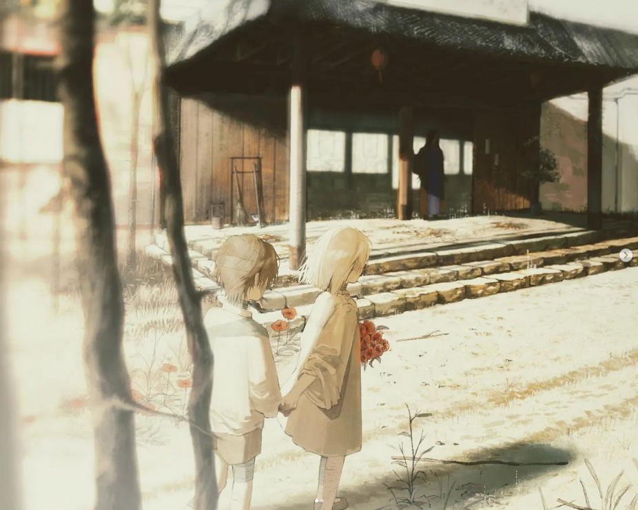 the image shows two anime children, a girl and a boy, walking along a path in front of a building. the girl is on the right, and she has long blonde hair and is wearing a white dress. the boy is on the left and has short brown hair and is wearing a white shirt and blue pants. they are both looking at the ground and seem to be walking to somewhere. the path is made of stone steps, and there are plants growing around it. the building is made of wood and has a roof with a thatched roof. there is also a small wooden fence in the background. the scene is set in a bright and sunny daytime, and the sky is clear. the overall atmosphere of the image is peaceful and serene.