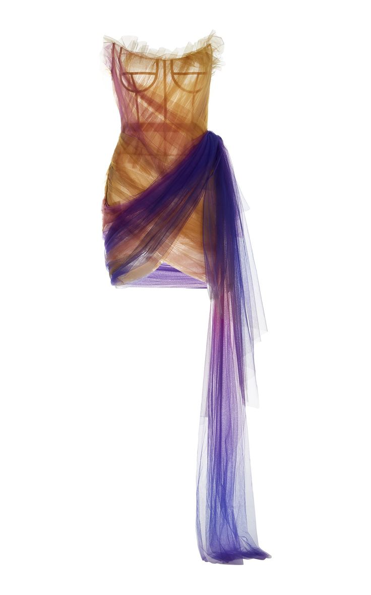 a strapless brown and purple ombre tulle dress with a draped sash. the dress is short and fitted at the top, with a skirt that extends to the floor on one side.