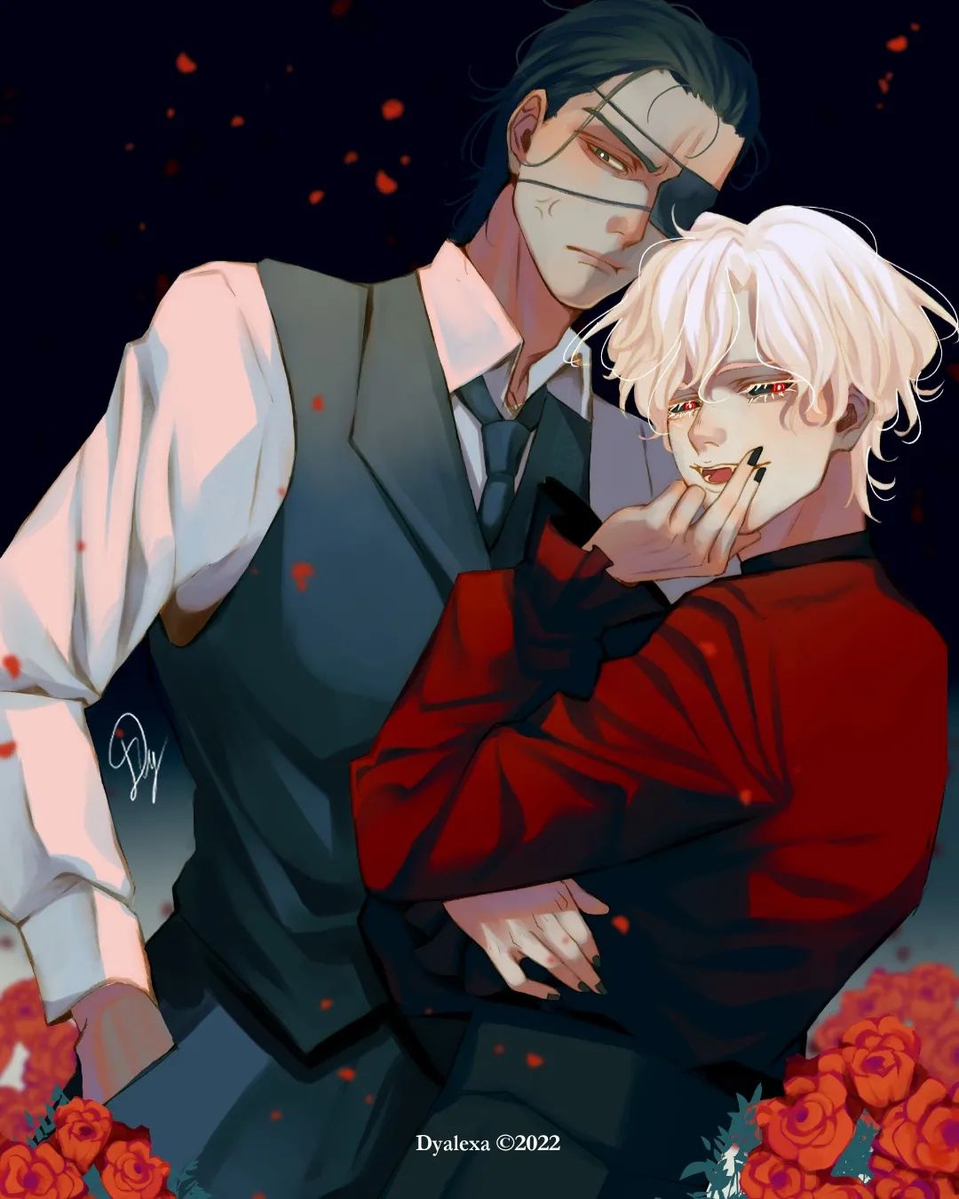 this is an illustration of two men. the background is dark, and the men are illuminated by dramatic lighting. the first man is wearing a black suit and has dark hair and an eyepatch over his right eye. he is holding the second man close. the second man is wearing a red suit and has white