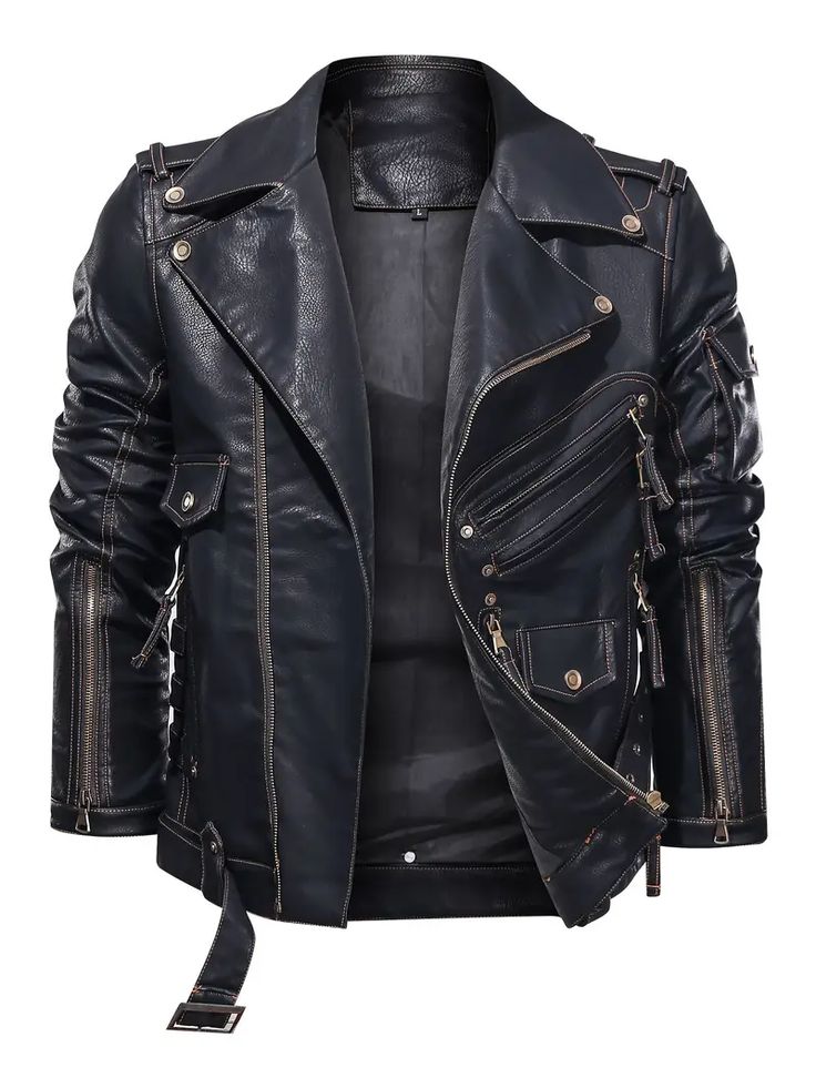 this image shows a black leather jacket with a lot of zippers and a belt on the side. it is a stylish and fashionable piece of clothing.