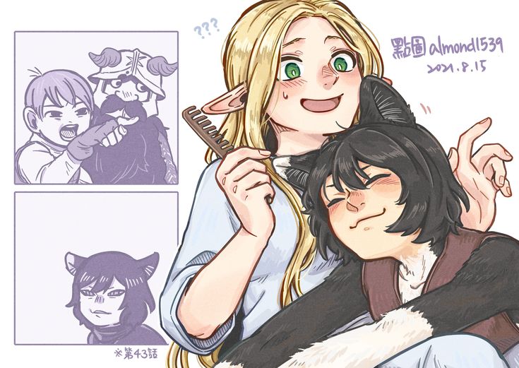 this is a digital drawing of an anime style scene. a blondehaired, elfeared girl is brushing the hair of a shorter, blackhaired girl who is hugging her. the shorter girl has cat ears.  in the background are smaller panels depicting other scenes, possibly relating to the main scene. one shows a smaller boy arguing with a helmetwearing figure with a large beard. another shows a smaller version of the blackhaired girl. the artwork is labeled with "almond1539" and a date.