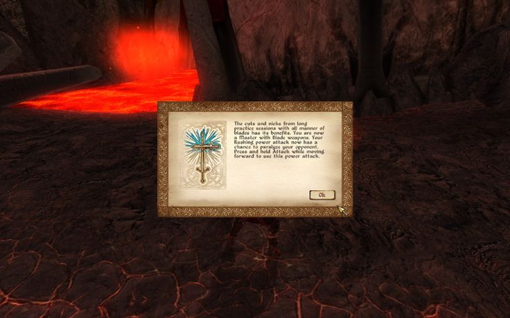 a video game screenshot displaying a dialogue box within the game's interface. the box provides information about a specific item in the game, which seems to be a powerful sword that grants a special ability to the player. the background of the screenshot showcases a dark and gritty setting possibly depicting a dungeon or cave, with a fiery red glow emanating from an opening in the ground. the overall aesthetic suggests a fantasy medieval setting.