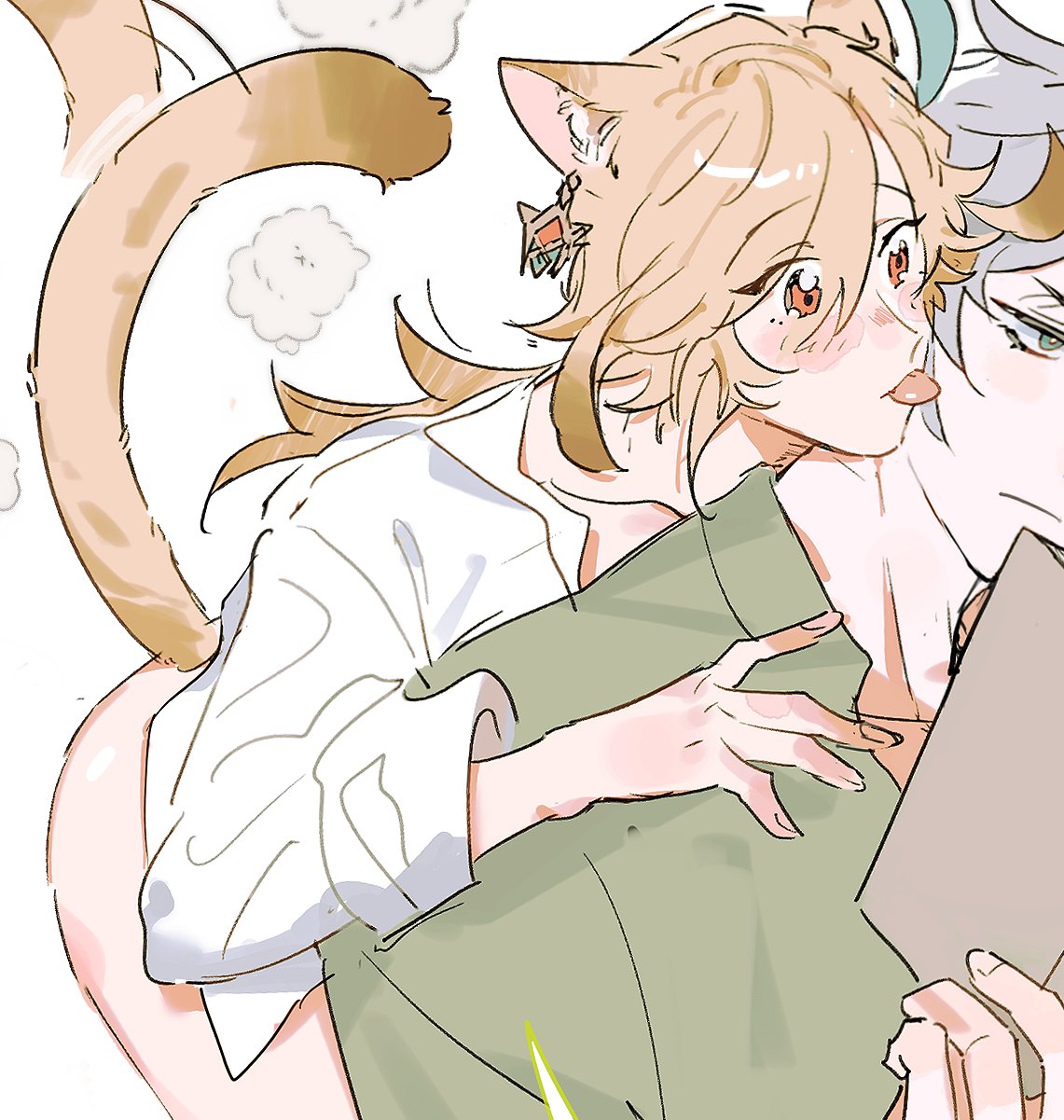 this is a digital illustration of an anime couple. the girl is wearing a white shirt and has cat ears. the boy is wearing a green jacket and has blonde hair. the girl has her arms around the boy and they are both looking at each other. the girl is blushing and smiling. the boy is smiling and looking at the girl. they both appear to be happy. they are in a close, affectionate embrace. the background is a light, neutral color. the illustration is very cute and romantic.