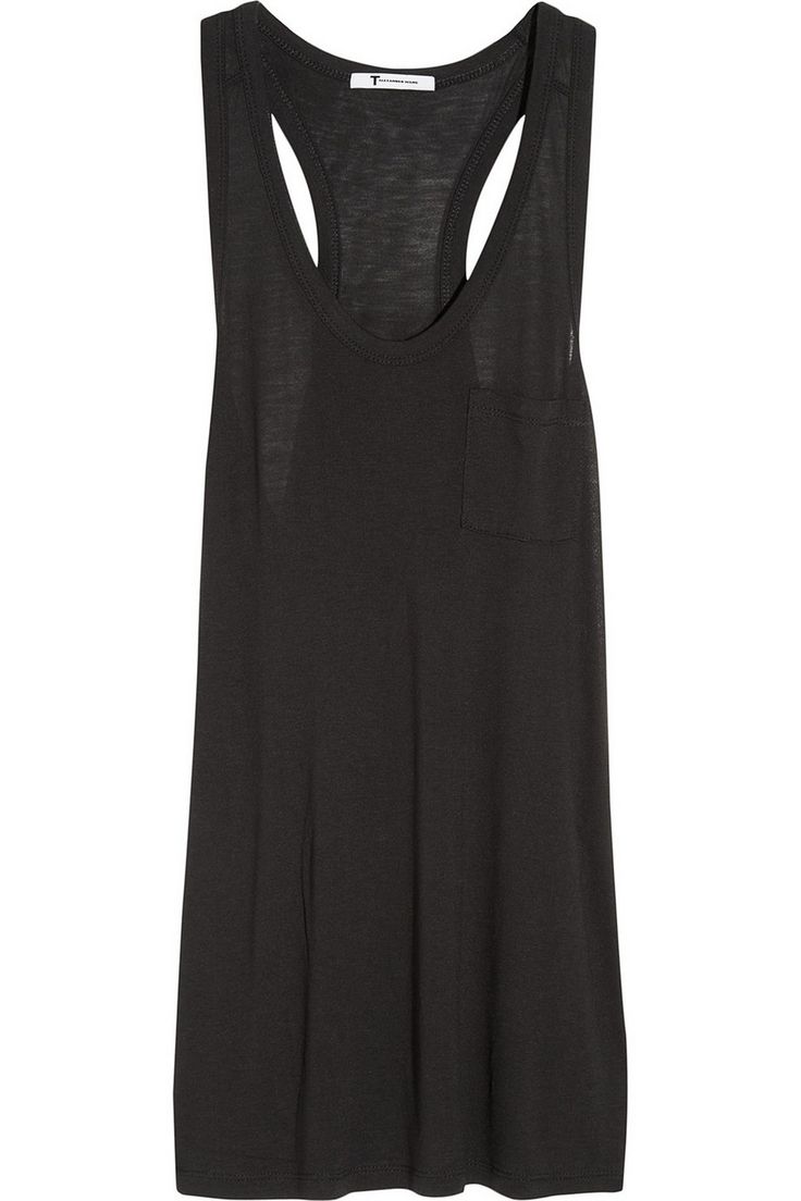 a black sleeveless tank top with a racerback design is displayed against a white background. the garment features a rounded neckline and a small pocket on the upper right side. it is presented as a casual wear item.