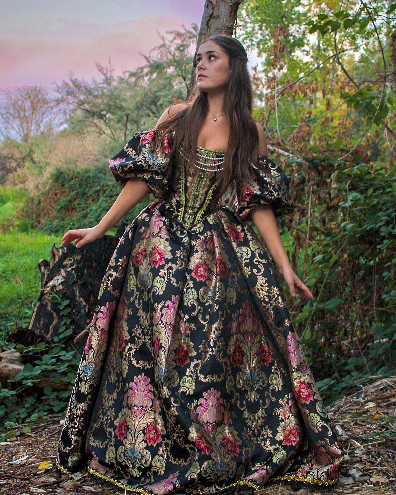 a young woman with long brown hair is standing in a forest wearing a stunning, fulllength renaissancestyle gown. the gown is offtheshoulder with puff sleeves and is made of black brocade fabric with intricate gold and floral detailing. the dress is very ornate and has a full skirt. she looks away from the camera, her expression serious and thoughtful. the background shows a wooded area with various trees and foliage. the overall atmosphere is one of elegance and fantasy, perhaps evoking a sense of a fairytale or historical setting.  the lighting suggests it may be dusk or dawn.