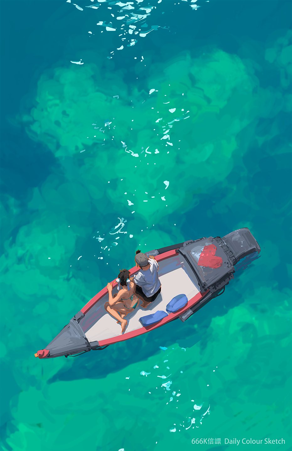 the image is a digital painting or illustration depicting a serene scene from a bird'seye perspective. a couple sits in a small, red and grey wooden boat floating on strikingly clear turquoise water. the water is exceptionally clear, allowing the ocean floor to be partially visible. the woman is wearing a bikini, and the man is dressed casually.  a painted heart is visible on the boat's stern. the overall mood is romantic, peaceful, and evocative of a summer vacation or getaway.  the artist's signature or watermark is faintly visible in the lower right corner.