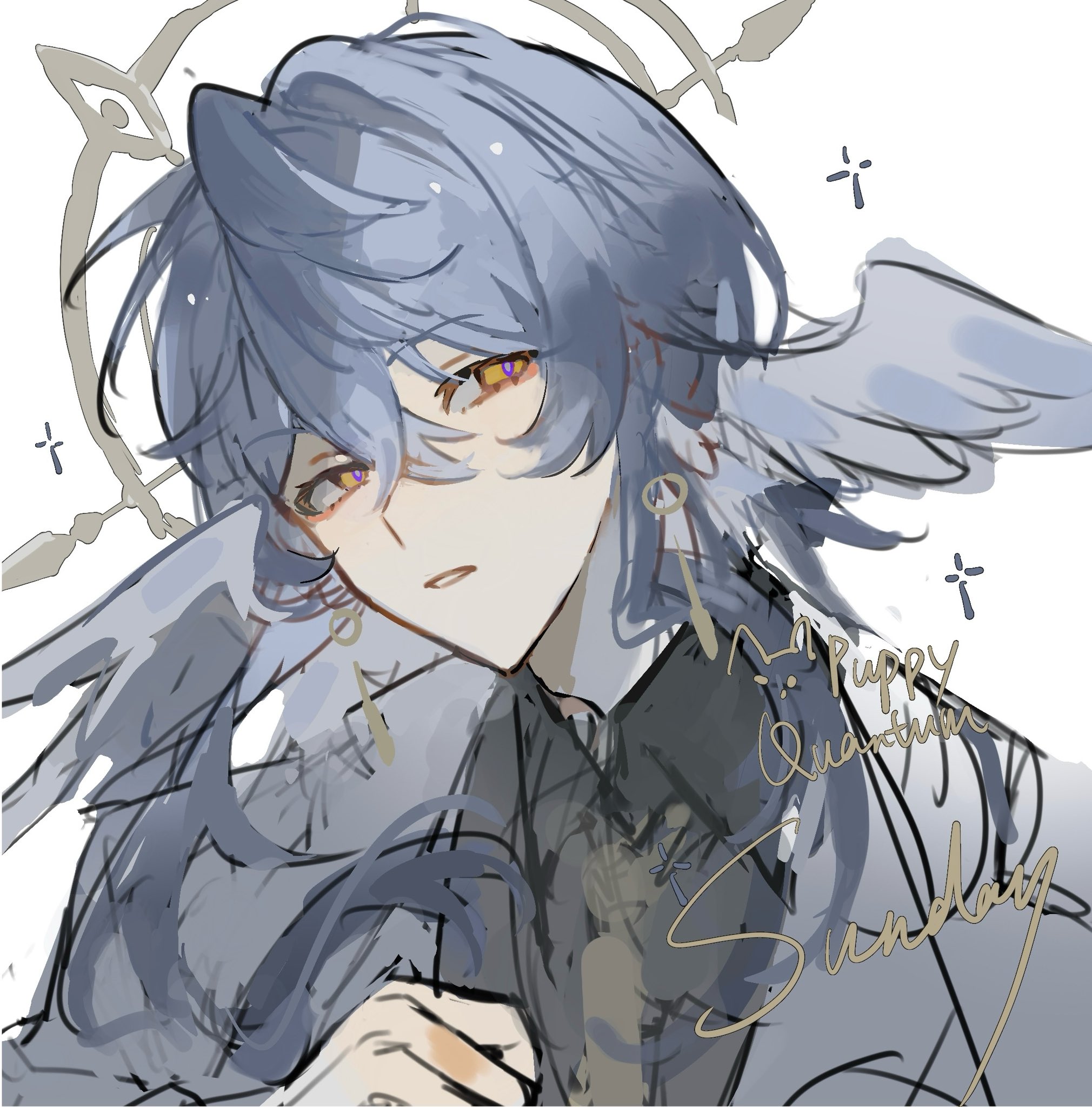 this is a digital illustration of a girl with long blue hair and wings. she has yellow eyes and is wearing a black and grey outfit. she has a halo above her head and there is writing in the corner of the image saying "puppy quantum sunday". the image has an ethereal and whimsical aesthetic and is drawn in a cartoon style.