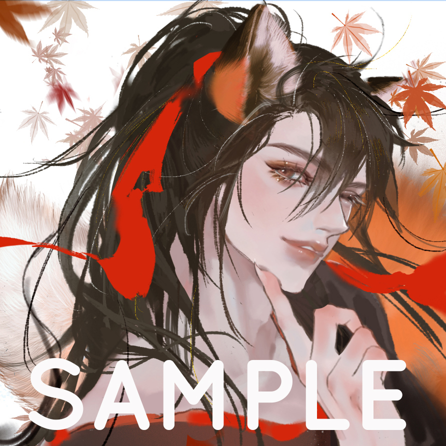 the image showcases a captivating illustration of a young man with flowing black hair adorned with fox ears. he is set against a backdrop of swirling autumn leaves, hinting at a serene outdoor setting.  a red ribbon dances around him, complementing the warm color palette and adding a touch of dynamism to the composition. the soft lighting enhances the character's delicate features, drawing attention to his expressive eyes and gentle smile.  this stylized portrait exudes an aura of tranquility and ethereal beauty.