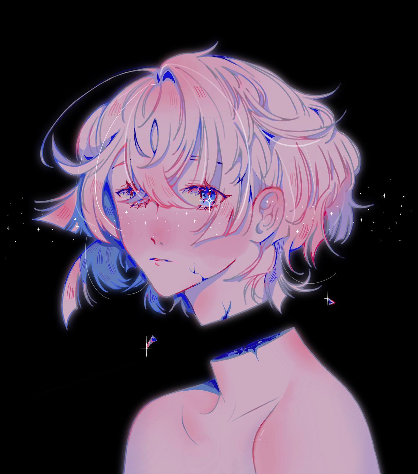 the image is a digital drawing of an animestyle boy with short, light pink hair.  his expression is melancholic, and he has what appears to be a cut or injury on his neck, which is partially obscured by a dark choker. the overall color palette is soft and pastel, primarily using shades of pink, blue, and purple. the background is black, punctuated by small glowing sparkles around the figure. the art style is delicate and ethereal, with a slightly dreamy, almost glitchy quality to the colors and linework. the overall mood of the piece is one of sadness and vulnerability.