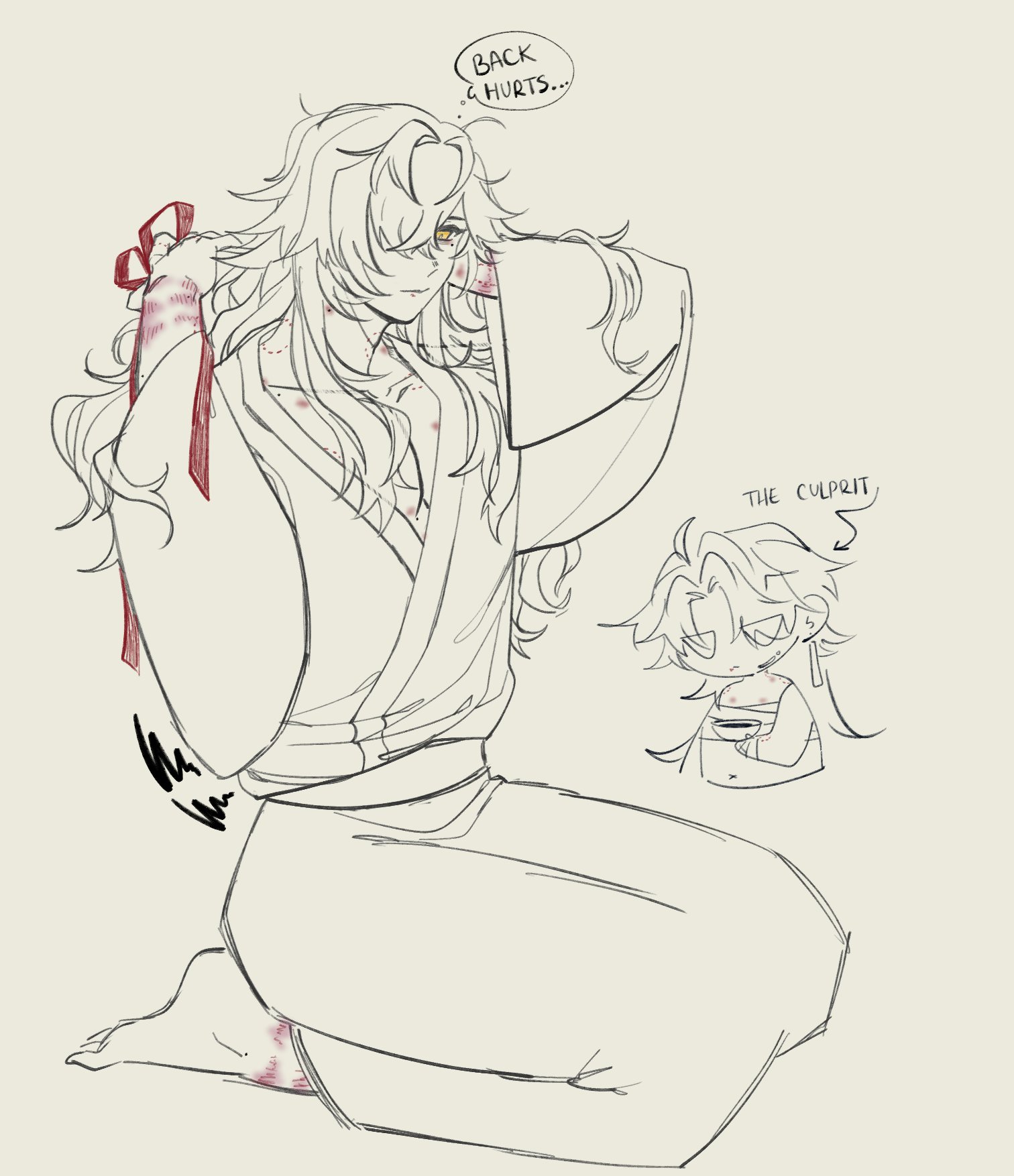 this is a sketch of two anime characters.  the one in the foreground is a male with white hair and a red ribbon tied around his hair.  he is wearing white clothing and is sitting on the ground with his hands on his back, as if in pain. he has several scratches on his back. he is looking down and appears to be in pain.  the second character is a much smaller, male figure with brown hair.  he is wearing clothing similar to the other character's, and is holding a cup in his hands. he has a surprised expression on his face.  behind the larger character, a thought bubble reads: "back hurts..." and near the smaller character, the word "the culprit" is written.  the background is light beige.  the drawing style is a simple, light sketch, giving the impression that this is an unfinished work.  the image appears to depict the larger character as being injured, with the smaller character looking on with guilt or concern.