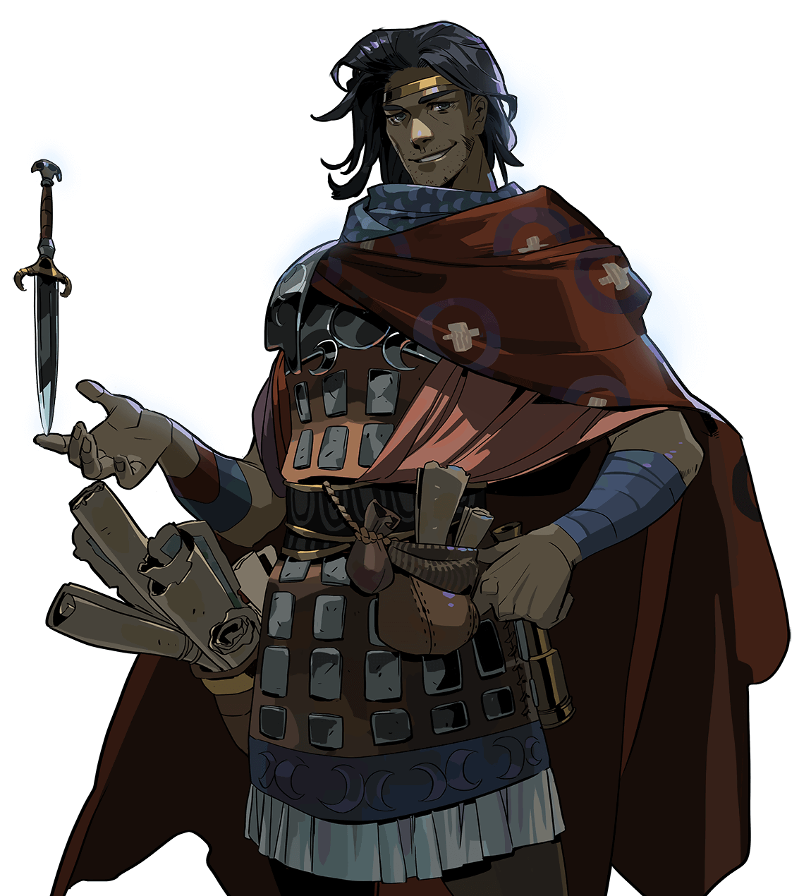 a darkskinned man with long black hair stands against a white background. he is wearing a brown leather tunic with rectangular plates and a long, loose red robe over it. his right arm is wrapped in a blue cloth, and he is holding a dagger in his left hand. he is also carrying a pouch on his belt that is filled with scrolls. he is smiling and looking directly at the viewer. the character is depicted in a fantasy style, reminiscent of rpg video games.