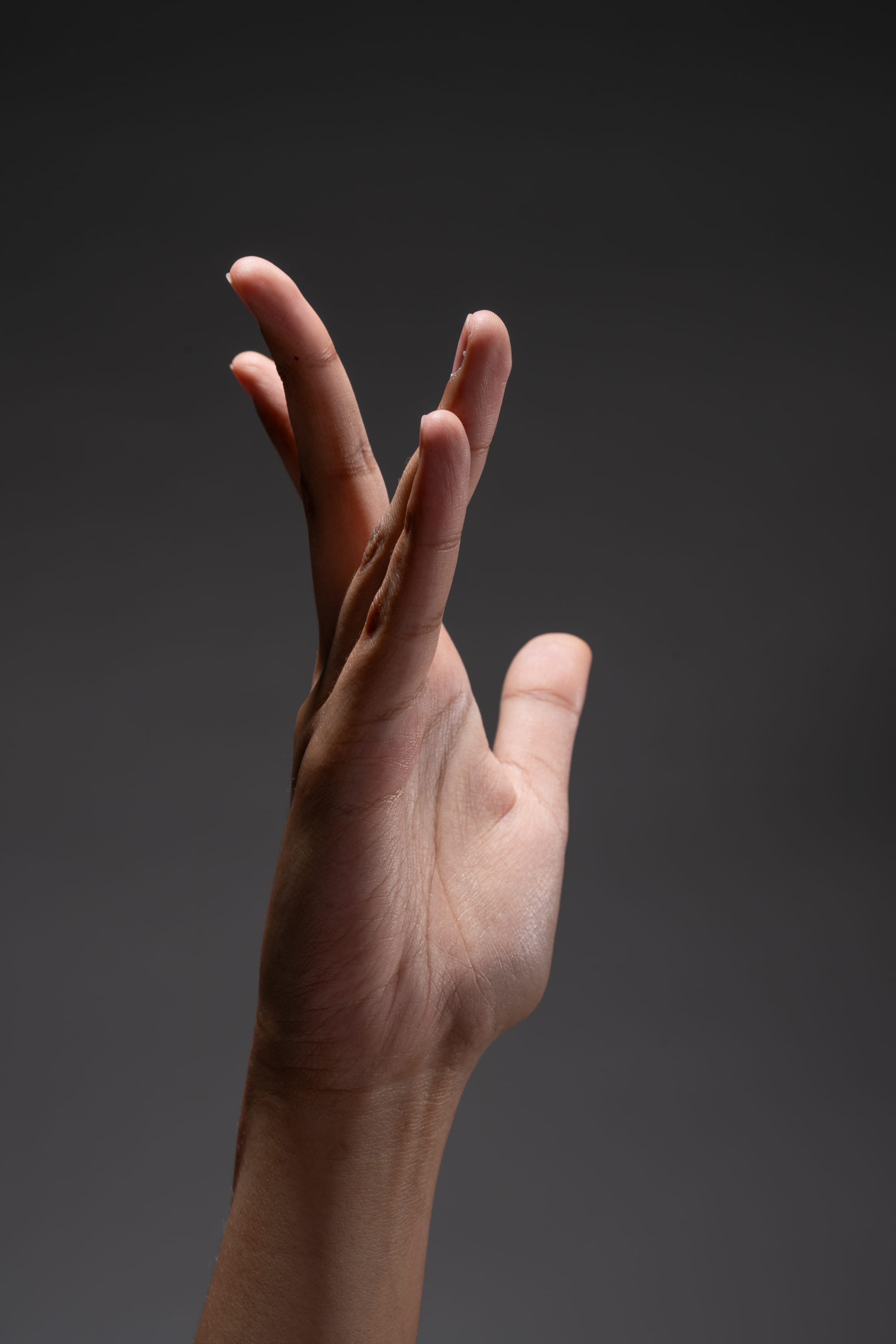 a hand is extended upwards against a gray background, the fingers are slightly spread apart, illuminated by studio lighting.