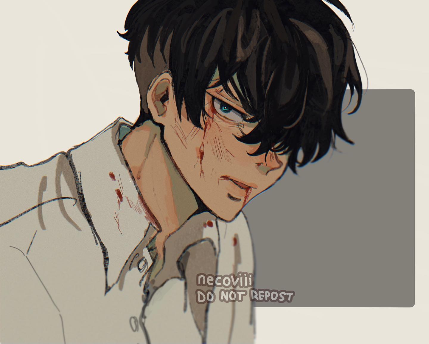 the image is a closeup digital painting or illustration of an animestyle male character. he has short, dark hair, intense blue eyes, and several visible cuts and bloodstains on his face and shirt collar.  his expression is serious and possibly angry or pained. he appears to be wearing a simple white shirt. the background is a muted grey. the artist's signature or watermark, "necoviiii do not repost," is visible. the overall style is detailed and emotive.