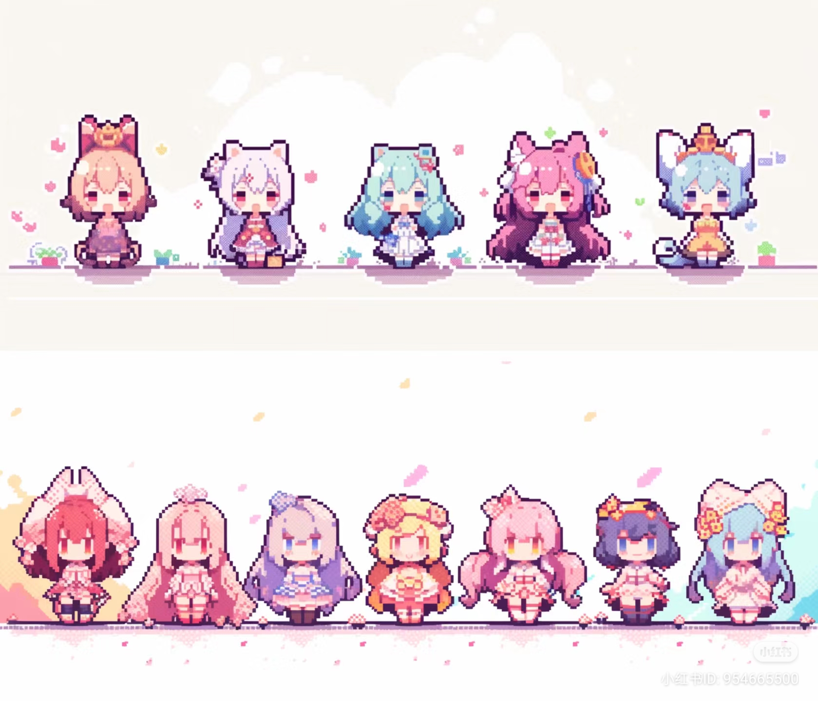 the image features two rows of cute, pixel art anime girls with colorful hair and dresses. the top row features five girls with animal ears and tails, while the bottom row showcases eight girls with flowerthemed accessories. all girls stand against a white background adorned with simple flower and heart details in pastel colors.
