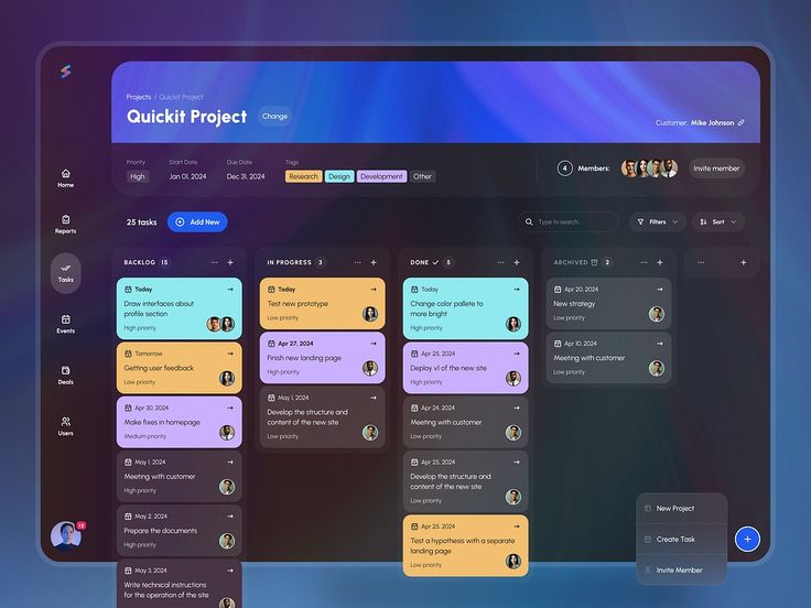 this is a screenshot of a project management app or software. it shows a kanban board interface with different tasks categorized into backlog, in progress, done, and archived. each task has a title, due date, priority level, and other details. the app also includes features like task creation, member management, and search functionality.