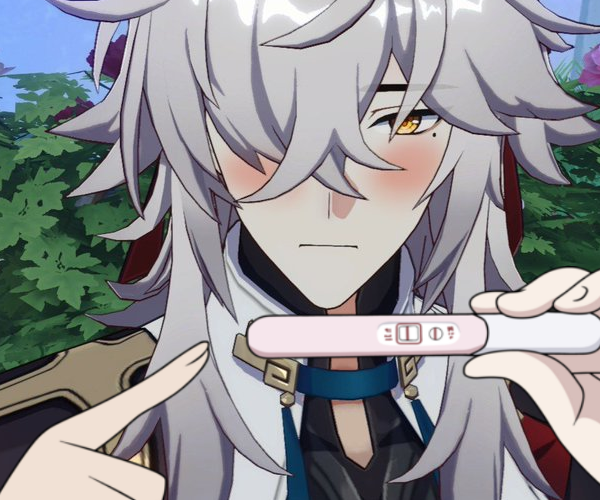 the image is fanart depicting albedo, a character from the video game genshin impact. he has long, silver hair and is shown blushing with a surprised expression.  he's holding a pregnancy test that shows a positive result (two lines). the style is consistent with anime and manga art, using bright colors and exaggerated features. the overall context is humorous, suggesting an unexpected pregnancy.  the background includes stylized greenery.