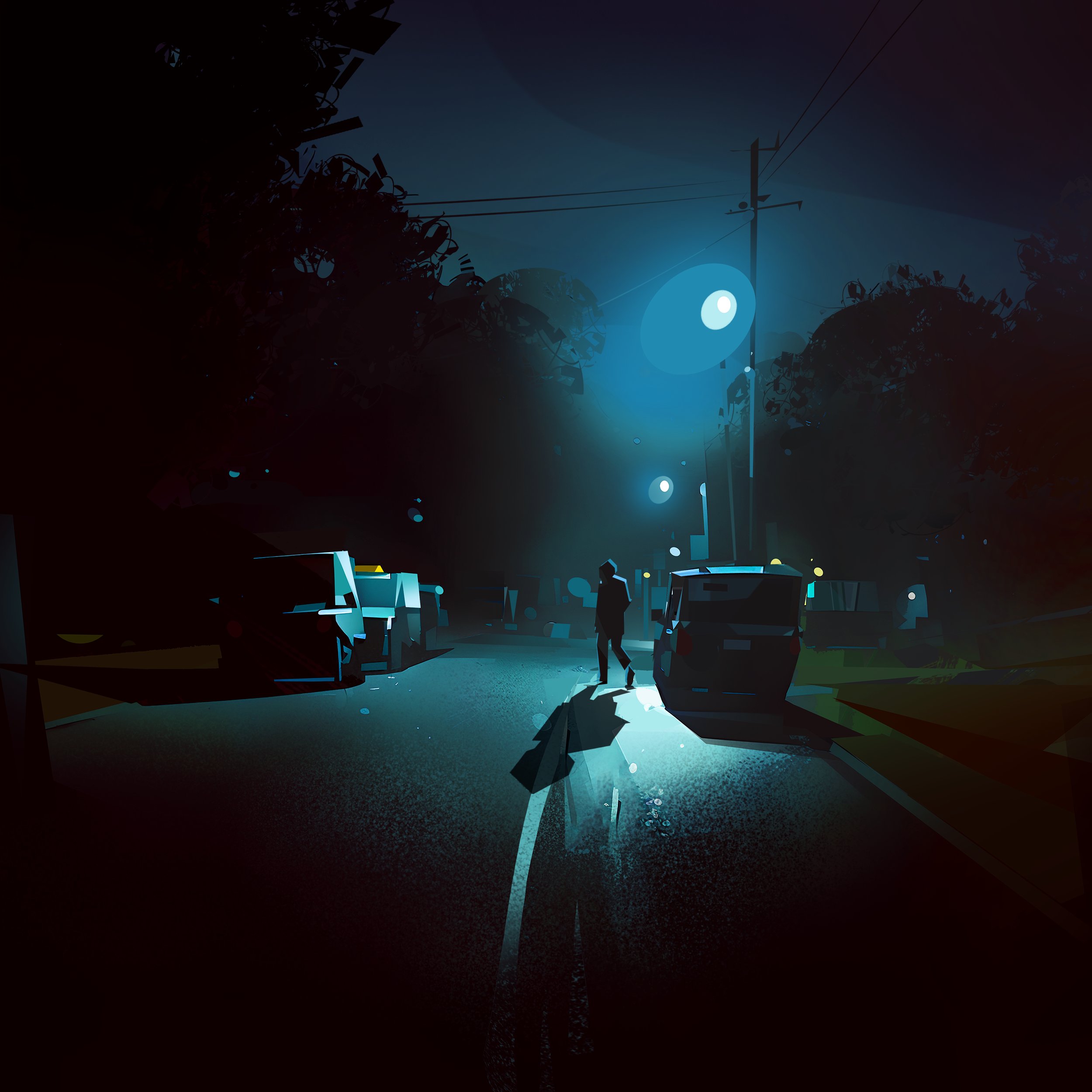 a nighttime scene featuring a person walking down a street illuminated by streetlights. there are parked cars on either side of the road. the atmosphere is dark and somewhat eerie, with long shadows. the person is a silhouette and the streetlights cast a bright glow on the road.