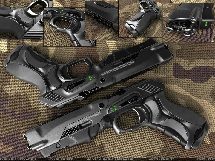 the image shows a concept design for an energy handgun, rendered in 3d. two handguns are displayed in the foreground against a camouflage background, with additional detail shots of different parts of the handgun presented around them. the text at the bottom indicates that the design was created using 3ds max and photoshop, modeled in highpoly, and rendered using vray. the concept is credited to peterku.