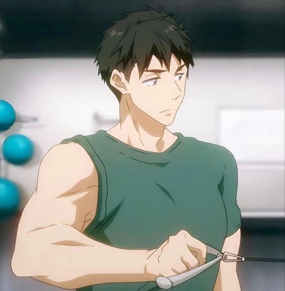 a young, muscular man with short, dark hair is shown from the chest up in a gym setting. he is intensely focused on the exercise he's performing, his brow slightly furrowed in concentration. his strong arms are highlighted as he pulls on a gym cable machine, his grip firm on the handle. he wears a sleeveless, dark teal workout shirt that emphasizes his physique. the background features a subtle glimpse of gym equipment, including blue exercise balls, hinting at the fitness environment. the overall lighting is soft, creating a natural and realistic atmosphere.