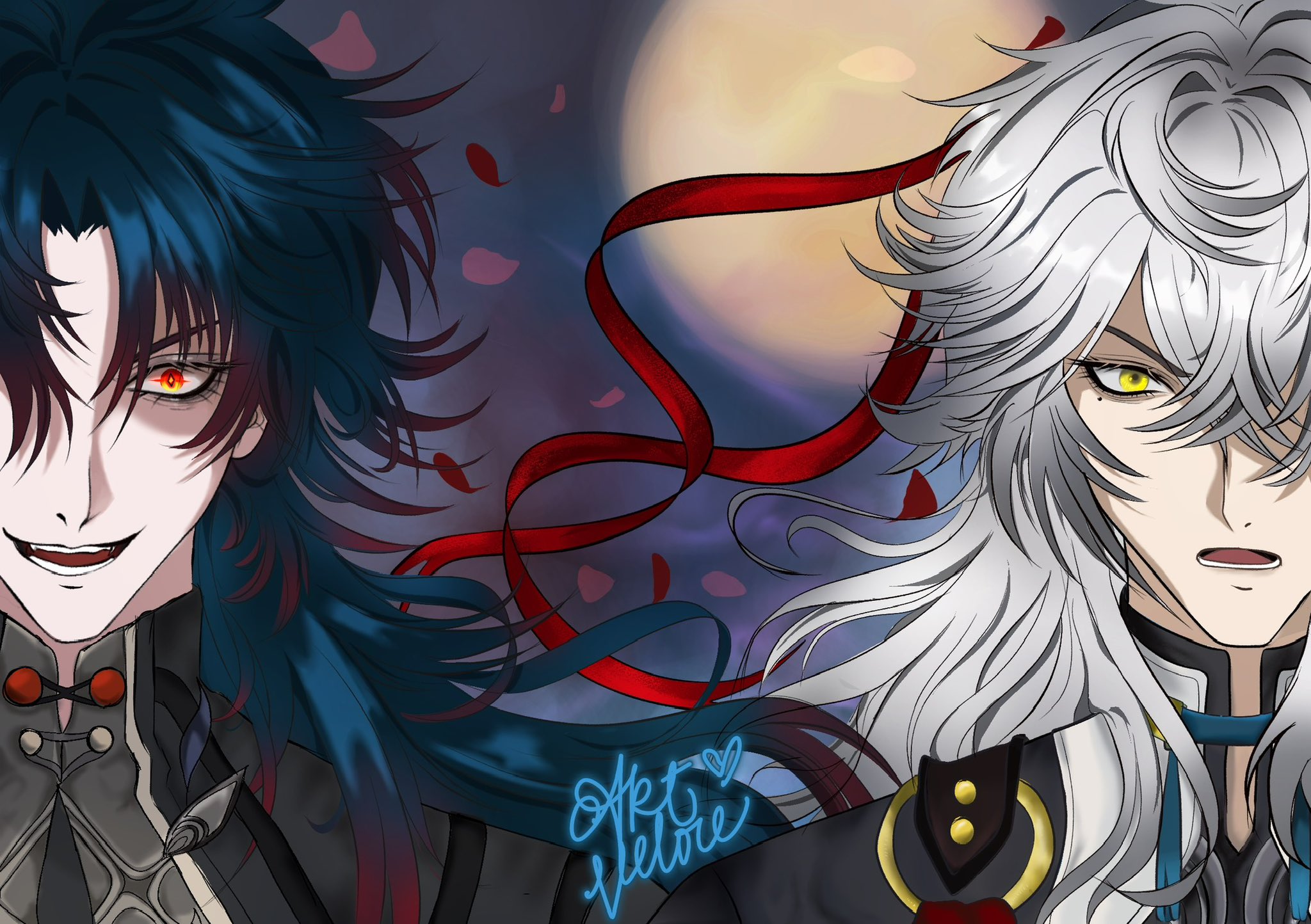 the image features a darkhaired male character on the left and a whitehaired male character on the right. the darkhaired character has red eyes, black clothing, and a red ribbon tied around his neck, while the whitehaired character has yellow eyes, a white and gold outfit, and a red ribbon tied around his wrist. the background is a dark night with a full moon and a red ribbon swirling around the characters. the overall image gives a sense of romance and fantasy.