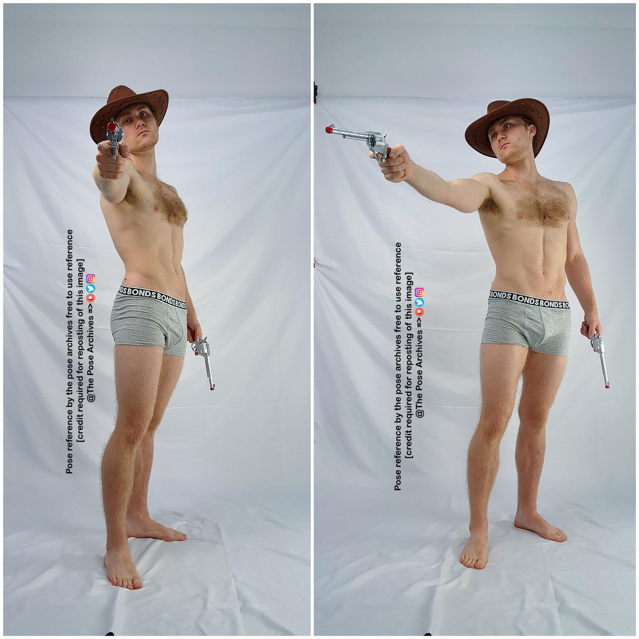 a caucasian male with light skin tone and brown hair is posing for a photo shoot. he has a cowboy hat on and is holding two pistols in his hands. he is wearing grey underwear and is standing in front of a white background.