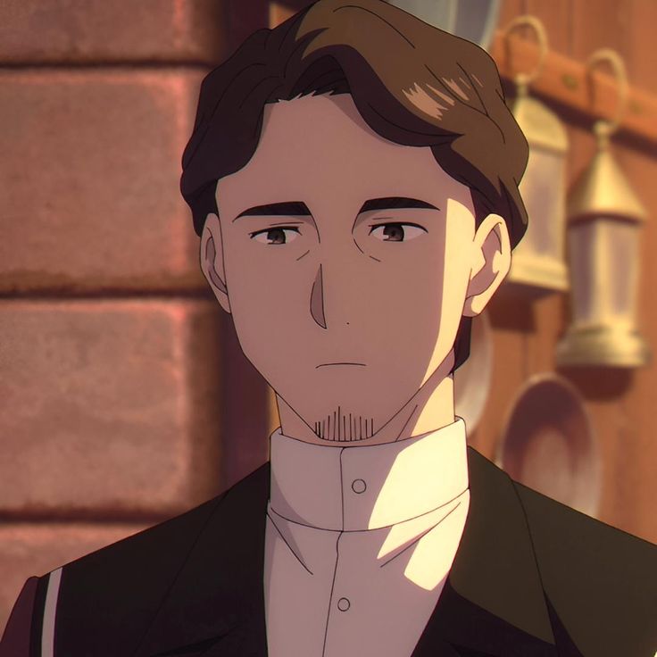 a closeup illustration of an adult man with brown hair, brown eyes, and a goatee. the man is wearing a white collared shirt and a dark jacket. he has a concerned expression on his face with slightly furrowed eyebrows. the setting appears to be indoors, possibly within a home, characterized by brown bricks and hanging lanterns in the background. the lighting is soft, creating a gentle illumination on the man's face.