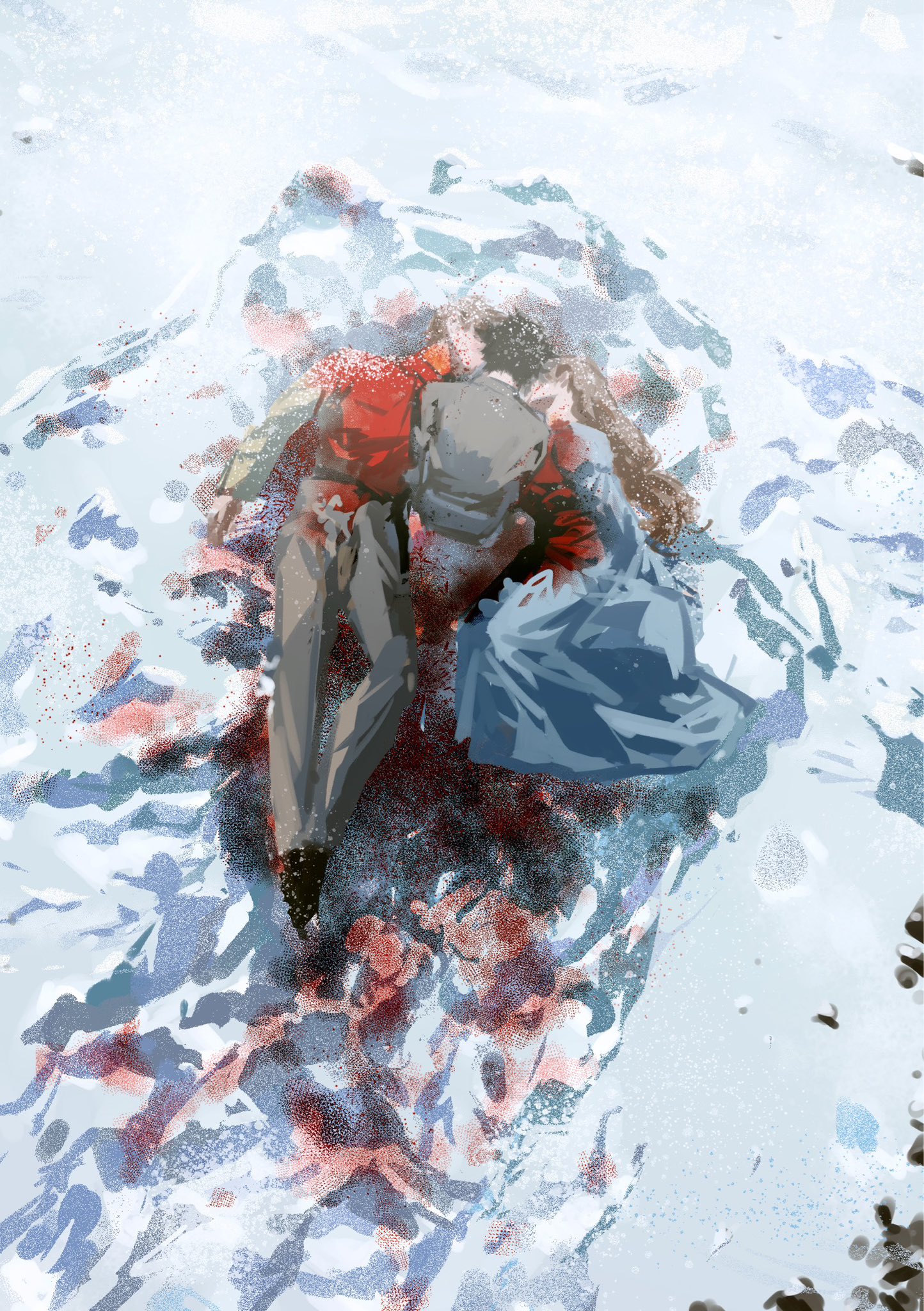 a painting of a crime scene in the snow. two figures are lying in the snow, both covered in blood. one figure is dressed in red and gray. the other figure is wearing a blue dress. there are blood stains on the snow around them.
