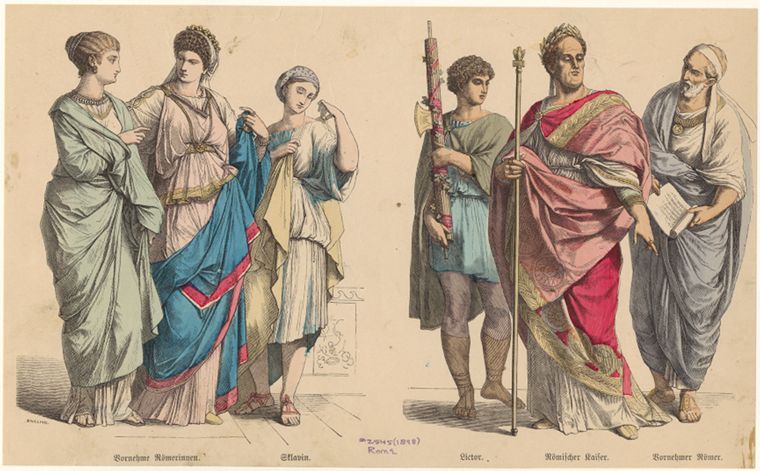 this is an illustration of various people from roman society, including roman women, a roman emperor, a roman servant, and a roman citizen, all dressed in the typical clothing of their rank. the women are wearing stolas and togas. the emperor is wearing a purple toga and a laurel wreath. the servant is carrying fasces. the roman citizen is holding scrolls.