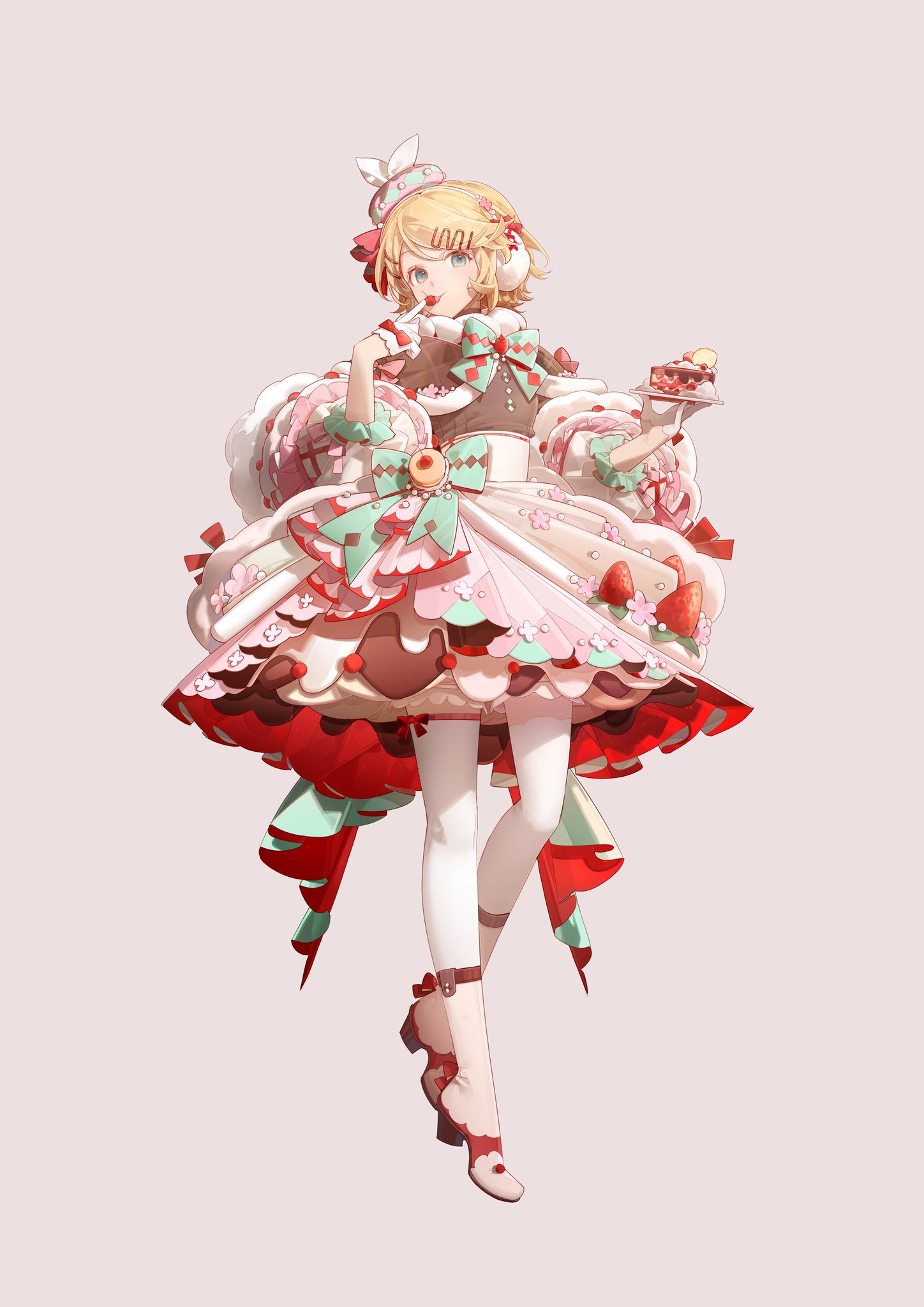the image is a digital illustration of an animestyle girl. she has blonde hair styled in a bob with bangs, and is wearing a very elaborate, layered dress decorated with pastel colors, strawberries, and designs reminiscent of cakes and confections. the dress is in a lolita fashion style. she's holding a small cake on a plate and has a sweet, charming expression. her shoes are red and white and her stockings white. the background is a simple, light beige. the overall style is whimsical and cute. the art style is detailed and polished, showing a high level of skill.