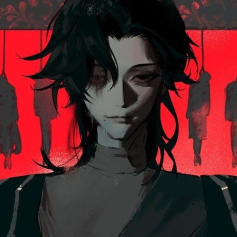 an anime style image of a man with dark hair looking directly at the viewer. the background is a stark red, with figures that appear to be hanging from nooses. the man has a serious and somewhat unsettling expression.