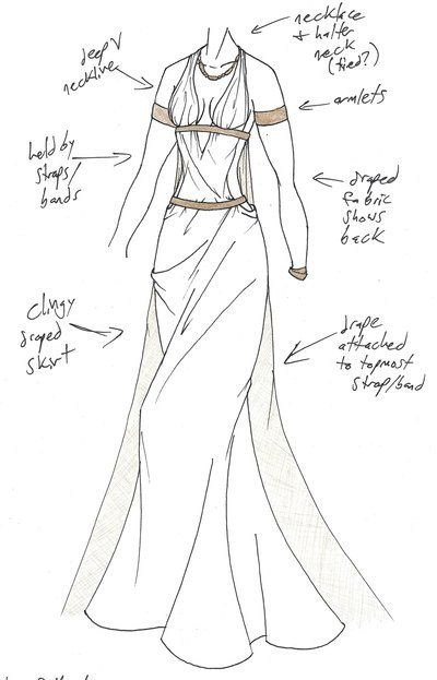 the image is a handdrawn fashion sketch depicting a woman's gown.  the sketch is detailed, including annotations that describe the garment's construction and design features.  these features include a deep vneckline held by straps or bands, a draped fabric that reveals the back, a clinging, draped skirt, a necklace and armlets. the overall style suggests an ancient greek or similar classical influence. the sketch uses simple lines and shading to convey the form and drape of the fabric.