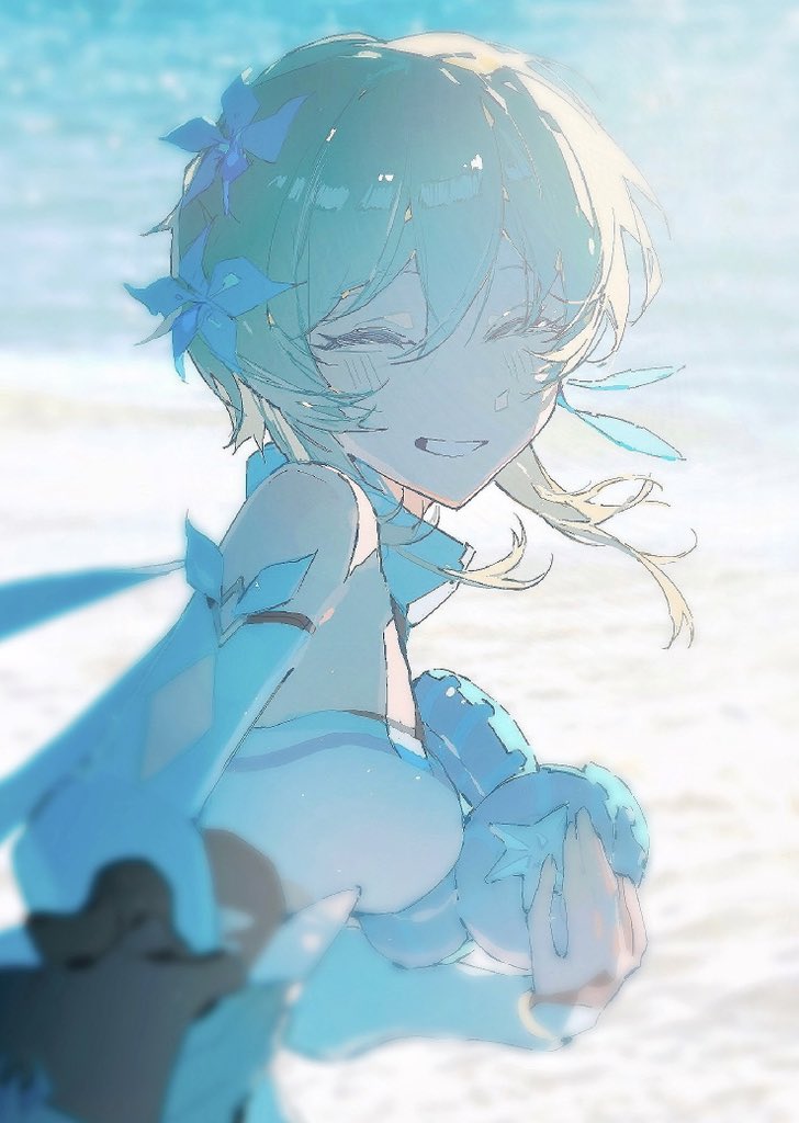 an animestyle image of lumine from genshin impact standing on a beach, smiling happily. she is wearing a blue and white outfit with flower embellishments in her hair and holding something in her hand. the background shows a sunny beach with the ocean in the distance. the image has a bright, summery feel with a palette of blues and turquoises.