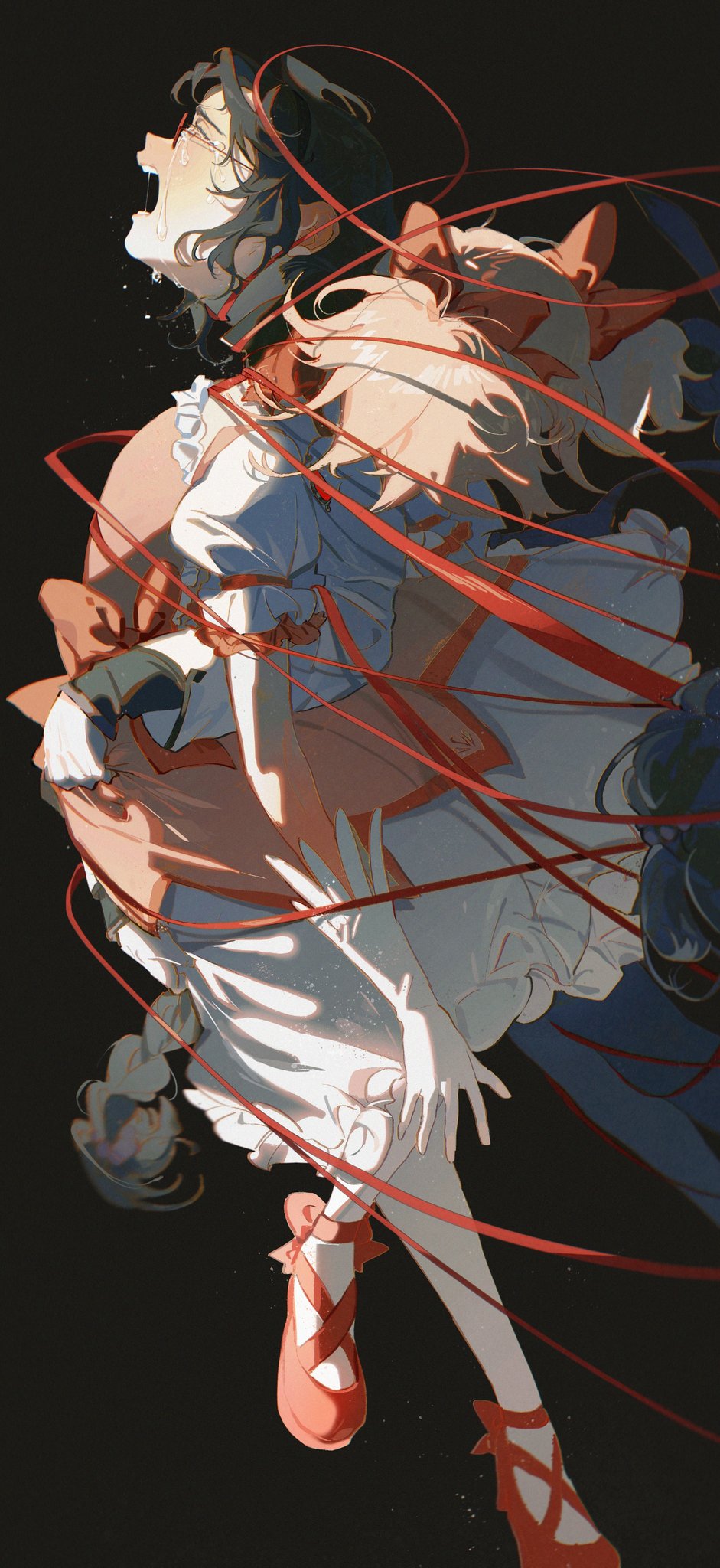 the image is a digital painting of an anime girl with red hair and a white dress. she is floating in the air and surrounded by red strings. she is wearing red shoes and has a red ribbon in her hair. the background is black. the image is stylized and somewhat surreal.