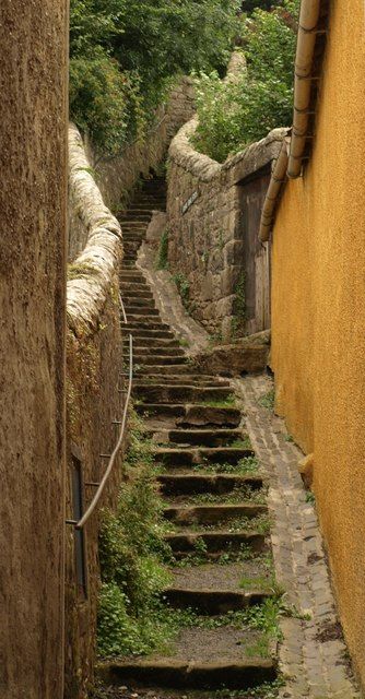 a vertical shot of a narrow alley with stone steps winding uphill. the steps are flanked by stone walls on one side and a yellowpainted building on the other. patches of vegetation grow between the stones of the steps. a drainage pipe runs along the top of the yellow wall. the alley appears to be in an old town.