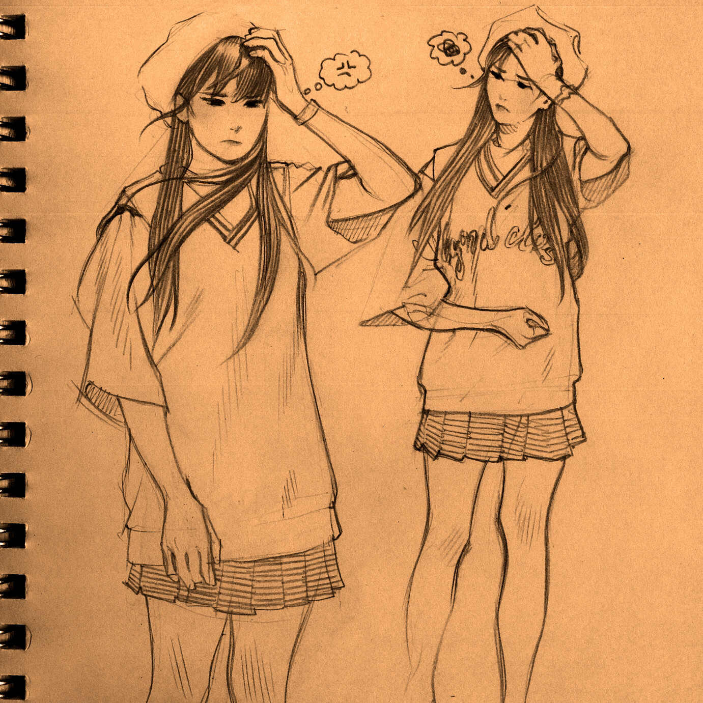 the image shows two pencil sketches of a young woman wearing a baseball cap, an oversized shirt, and a pleated skirt. the woman is holding her head with her right hand and has a thoughtful expression. in one sketch, a thought bubble above her head is empty, and in the other, it contains an eye. the sketches appear to be exploring different emotions or reactions.