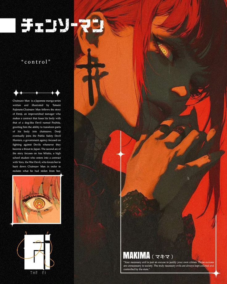this image is a fanmade poster for the anime series "chainsaw man". it features the character makima, who is a powerful devil hunter and one of the main antagonists in the series. she is depicted with a sinister smile and a powerful stance, with her hands gripping a weapon. the background is a dark and bloody, representing the violent nature of the series.