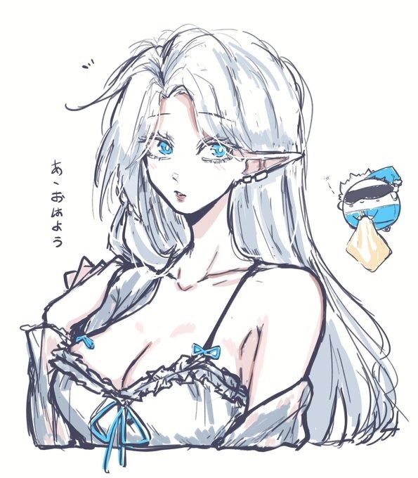 the image is a digital drawing or sketch of a young animestyle woman or girl. she has long, flowing white hair, blue eyes, and pointed elflike ears.  she appears to be wearing a lightcolored camisole or lingerie top with blue ribbon details. her expression is somewhat demure or pensive.  a small, cartoonish character is visible in the background, seemingly unrelated to the main subject. the style is light and sketchy, with soft lines and shading. japanese text is present but illegible, possibly a caption or artist signature. the overall mood is gentle and slightly suggestive.
