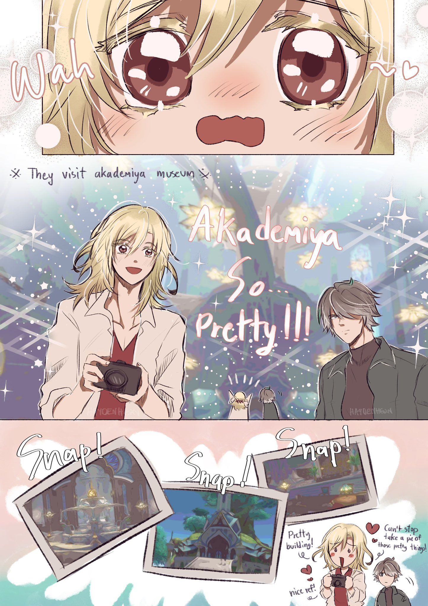 the image is an illustration of anime characters visiting an academy museum. the first panel shows a closeup of a blonde girl with wide eyes and a surprised expression, looking at the museum. the second panel shows the same girl, now standing in front of the museum, looking up at it with a smile. beside her is a young man with dark hair and a stoic expression.  the third panel shows three smaller panels with closeup shots of different parts of the museum.
