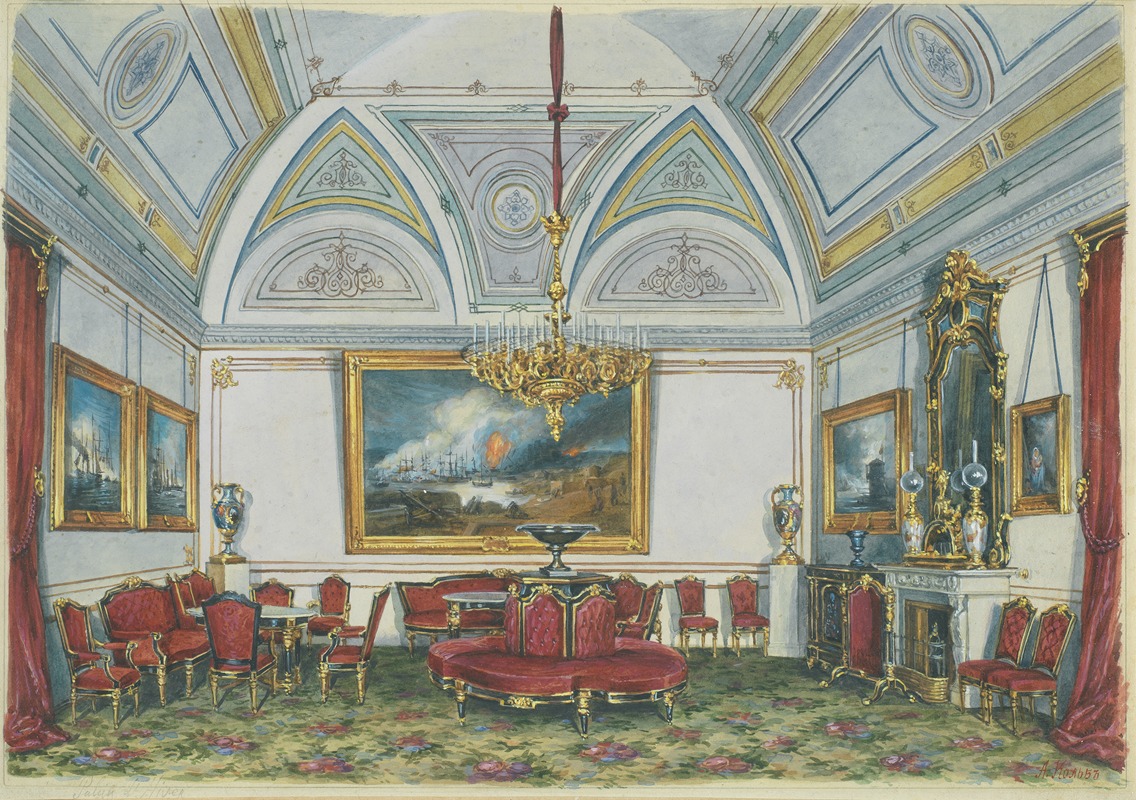 an elaborate interior scene depicting a room furnished in a classical style. the room features a large chandelier hanging from a decorative arched ceiling. red upholstered seating including chairs, sofas, and an ottoman are arranged on a floral patterned rug. walls are adorned with framed paintings and gold accents, and there is a fireplace with a mirror and vases on the mantelpiece. drapes frame the windows.