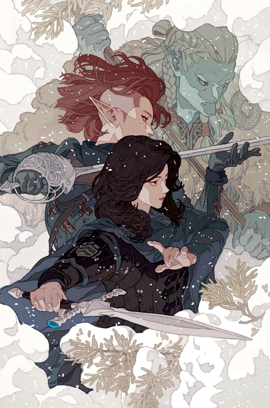 a fantasy illustration features three characters in a winter setting. in the foreground, a woman with dark hair holds a sword. behind her are two other characters: one appears to be an elf with red hair, and the other a large, greenskinned warrior or giant. all three are dressed in clothing suitable for a cold environment, with cloaks and what appears to be armor. the background is filled with snow and what looks like winter trees. the overall style suggests a fantasy adventure or quest.