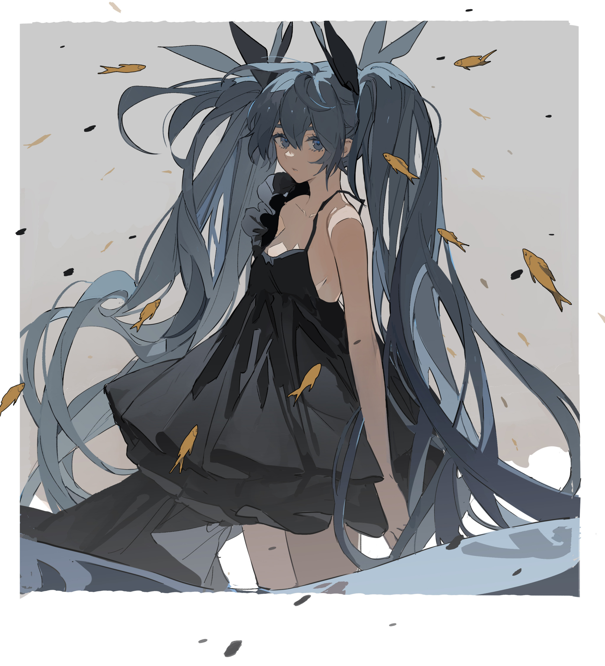 a digital art piece shows an animestyle girl with long, flowing blue hair styled in twin tails. she wears a black dress and stands in water, surrounded by floating golden fish. the background is a light, neutral color.
