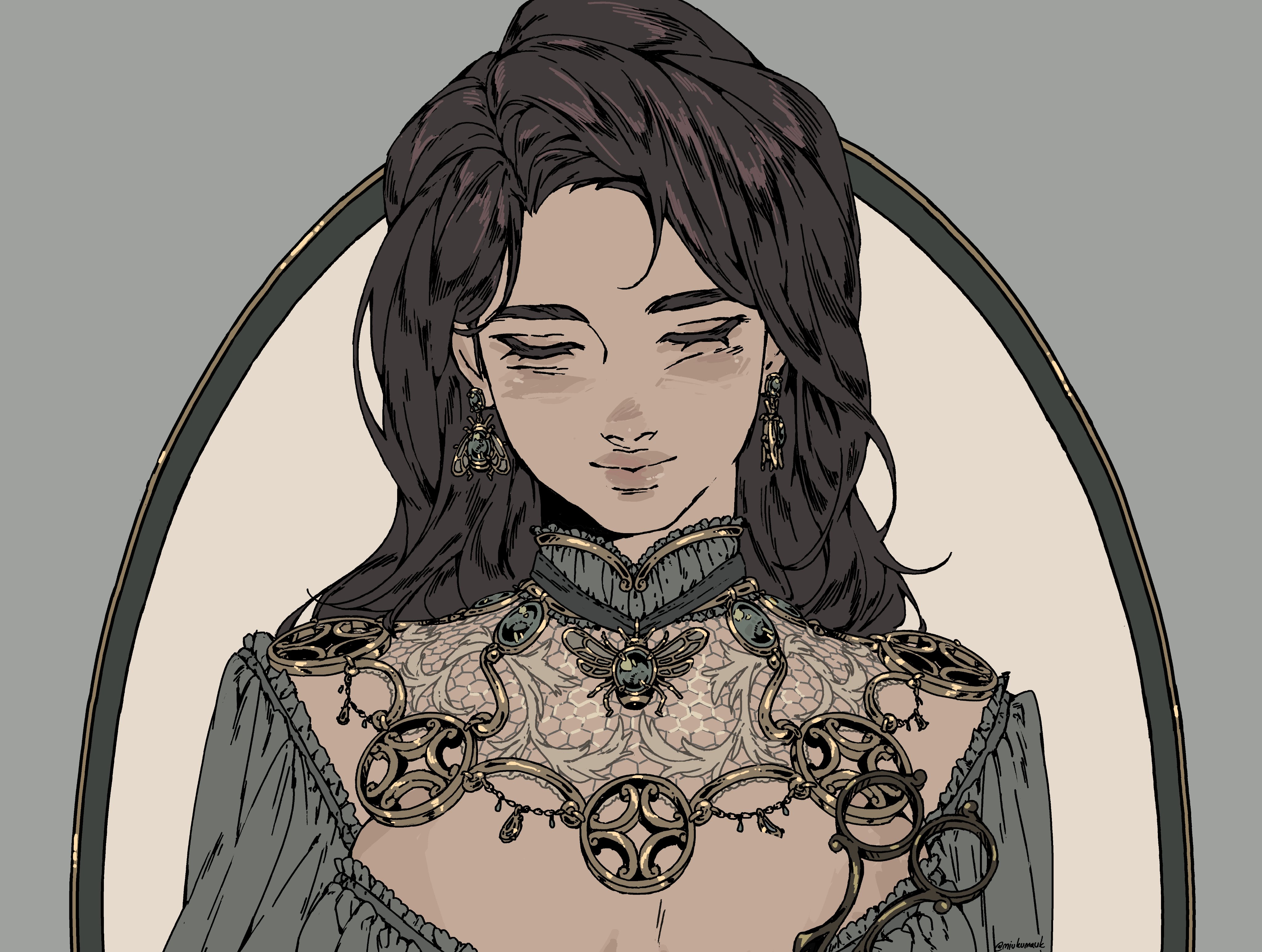 a digital illustration of a woman with long brown hair adorned with intricate jewelry. she wears a necklace, earrings, and a collar, all crafted with elaborate designs. the illustration is drawn in a detailed and whimsical style.