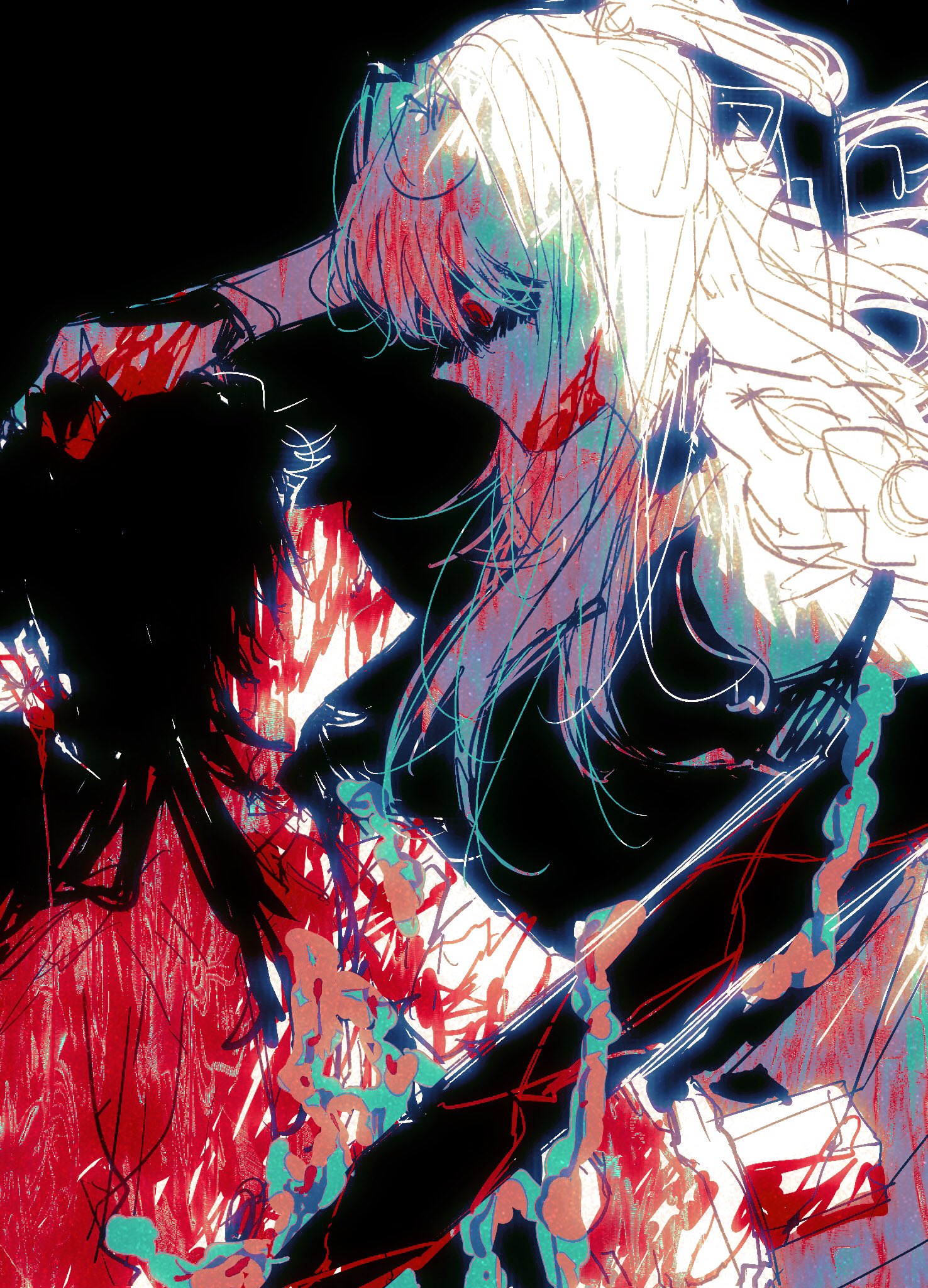 two anime characters are depicted in this digital art piece. the two characters are portrayed in an intense and emotional pose. the female character with long flowing white hair is depicted in the foreground with a black and red colored dress.  her expression is hard to define but evokes a sense of sadness, pain or anger. the figure in the back has dark hair with a black outfit and is obscured by the foreground character. both characters are surrounded by black, red, blue, and white brushstrokes,  which adds to the overall moody feel of the art piece.