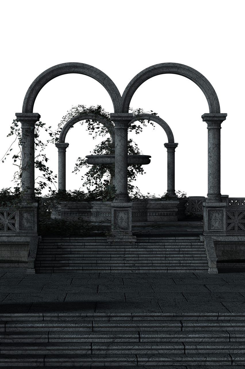 the image features an ancient stone structure with arches and pillars against a dark background. stone stairs lead up to a fountain area. the architectural style suggests ruins or a historical site, with a focus on the stone construction.