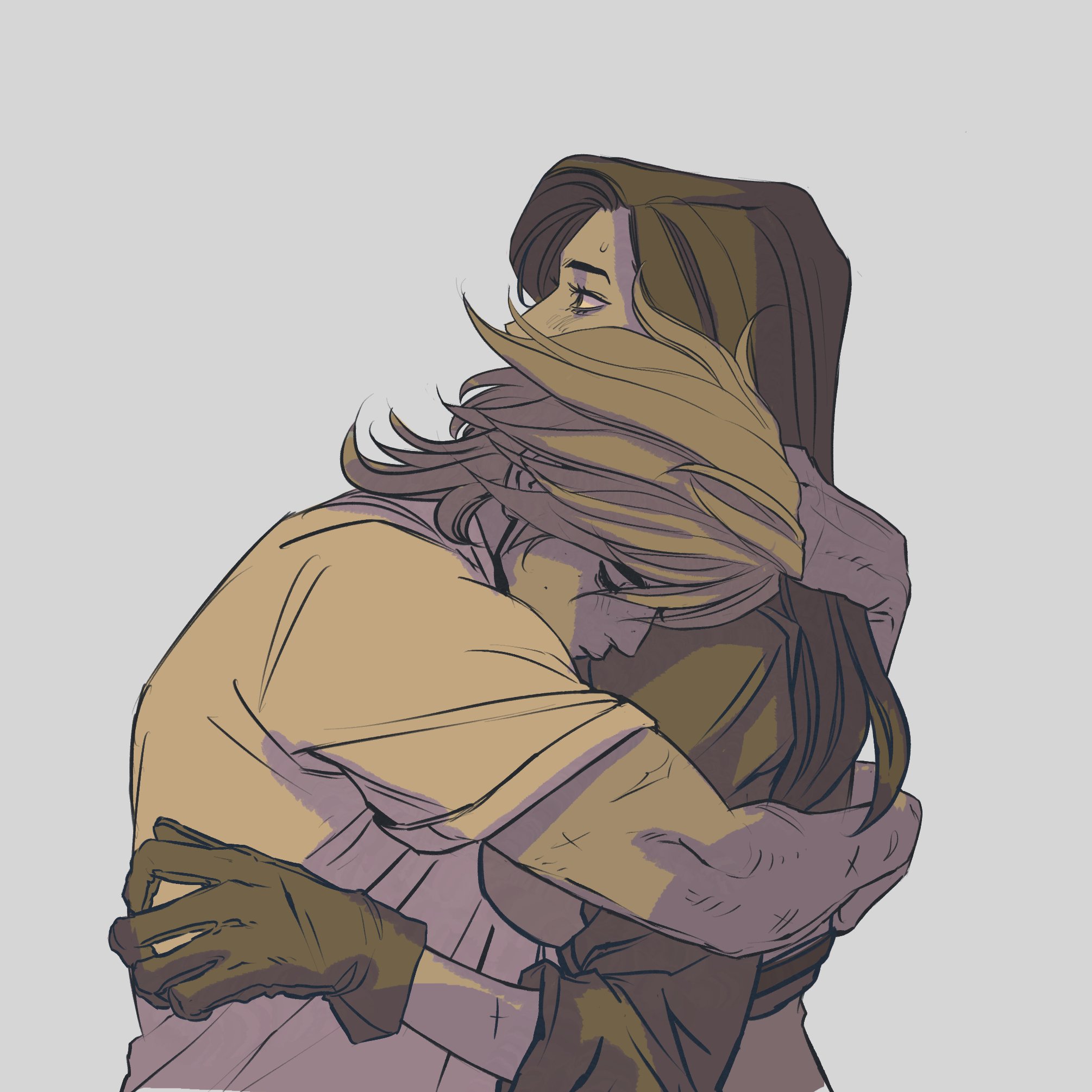 an illustration depicts two individuals embracing in a comforting hug. the person in the foreground has blonde hair and is wearing a light brown shirt and black gloves, while the person behind has long brown hair. the person in the background looks over the blonde hair of the other person. the artwork conveys affection, emotional support, and vulnerability.