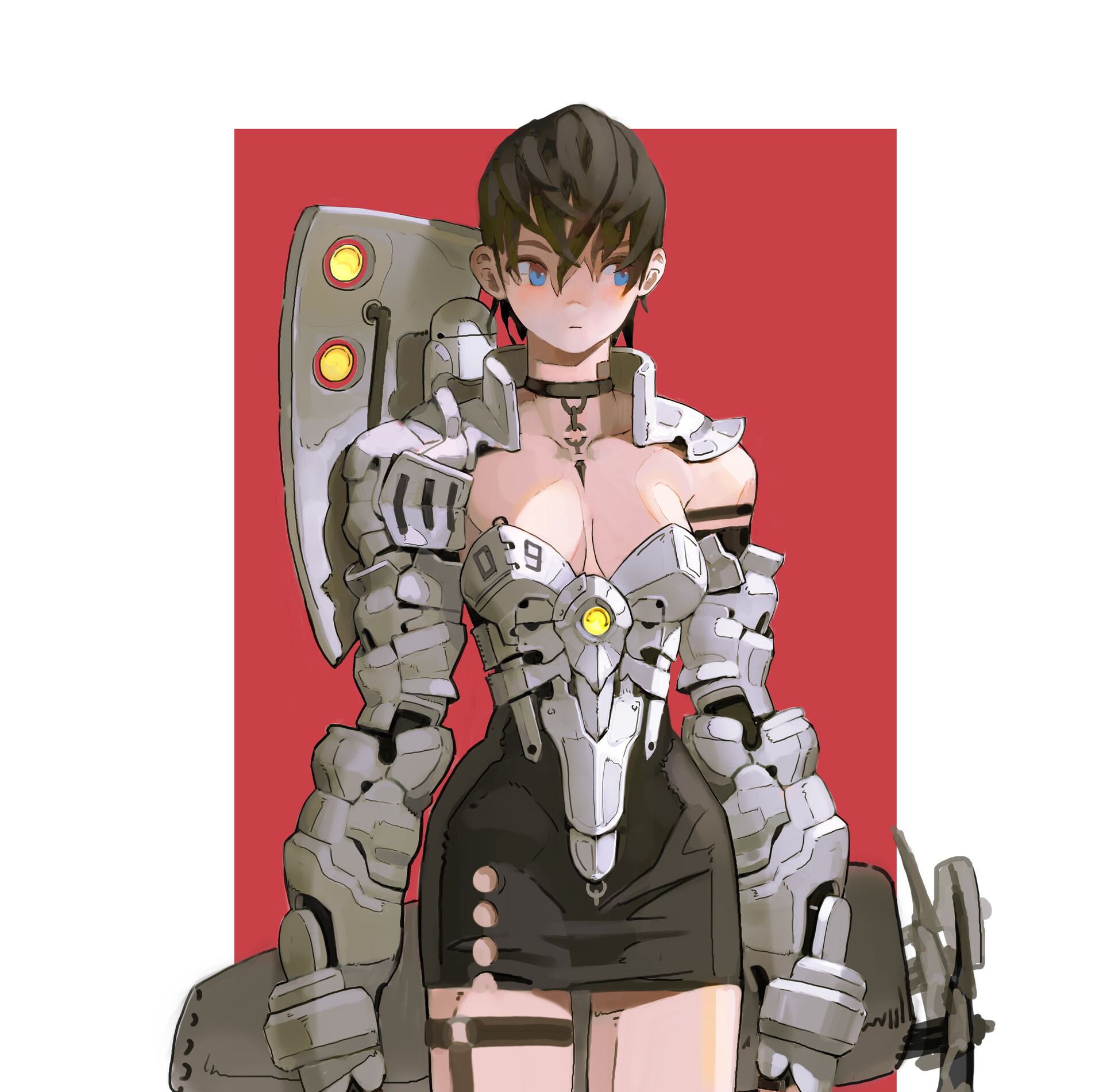 an animestyle illustration of a woman wearing futuristic armor and a black dress. she has short dark hair and blue eyes. the armor is detailed and mechanical, featuring yellow lights. she also wears a choker with a cross pendant. the background is a solid red color.