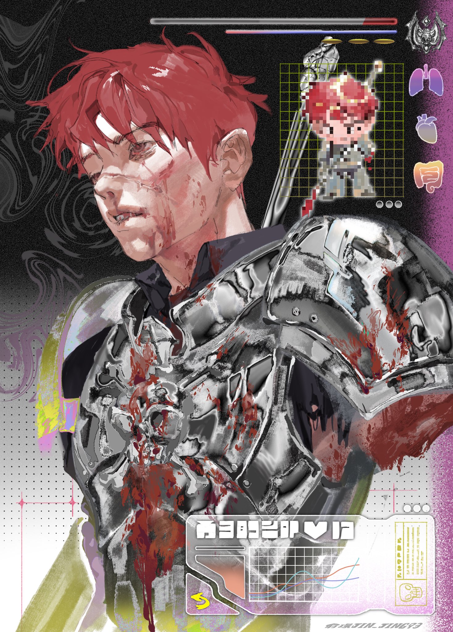 the image showcases a striking digital painting of a male character, likely from a video game or anime, depicted in a cyberpunk/scifi setting. he's clad in heavy, futuristic armor that is heavily damaged, with visible scratches and dents, stained with blood splatters. his expression is one of weariness and pain, with several wounds visible on his face.  the background features a swirling, abstract design with overlaid elements like health bars, data readouts, and even a pixelated chibi version of the character. this fusion of gritty realism and digital aesthetics creates a compelling visual narrative.