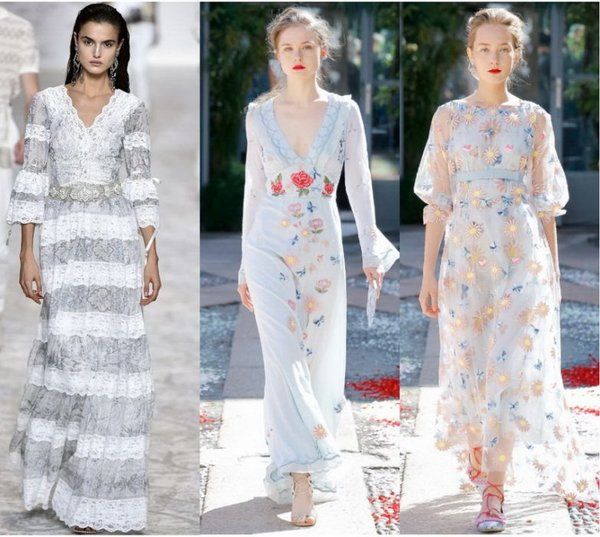 the image showcases three different models wearing elegant long dresses. the first model wears a grey tiered lace maxi dress with bell sleeves. the second model is in a light blue embroidered maxi dress with a vneckline and long sleeves. the third model wears a sheer light blue floral embroidered maxi dress with puff sleeves. all three dresses are in pastel colors and have a delicate and feminine style.  the background of the image shows runway settings, suggesting these are fashion show photos.